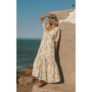 NEW Billabong Lost In Love Maxi Dress Floral Print Yellow Blue V Neck Boho M